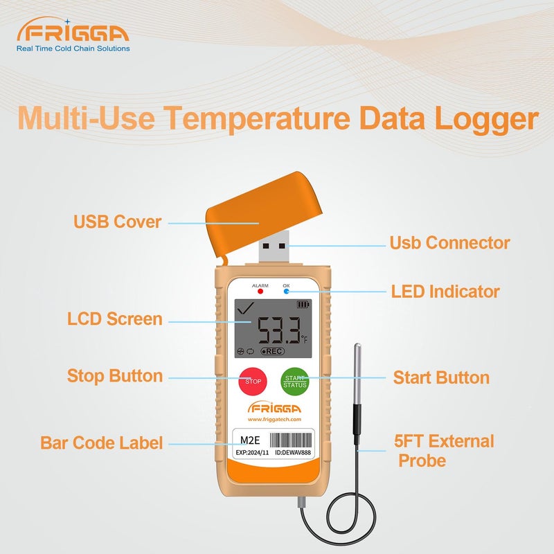 Frigga M2E Reusable Temperature Data Logger with External Probe Multi-Use Digital Refrigerator Thermometer USB 14400 Points High Accuracy Temperature Recorder PDF CSV Report - Image 5